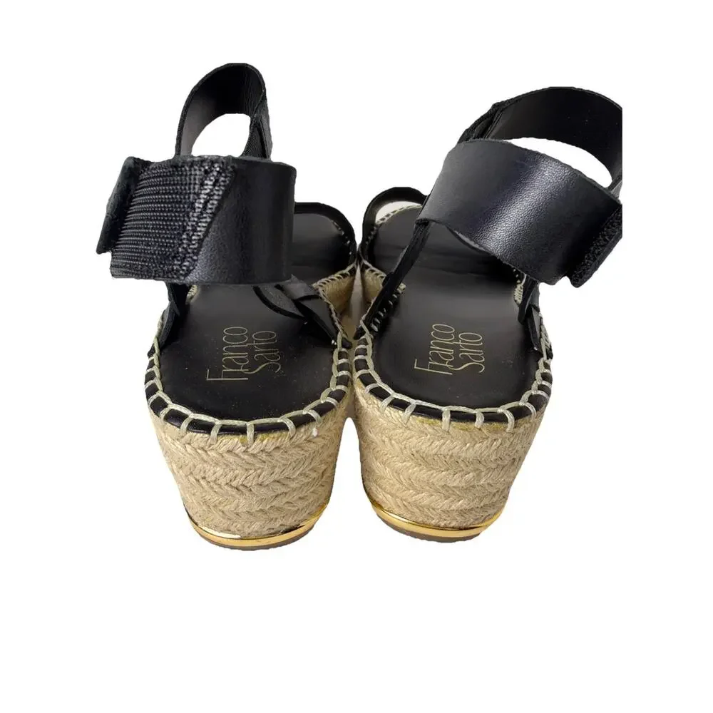 Franco Sarto Patra Black Leather Wedge Espadrille Sandal Sz. 9.5M